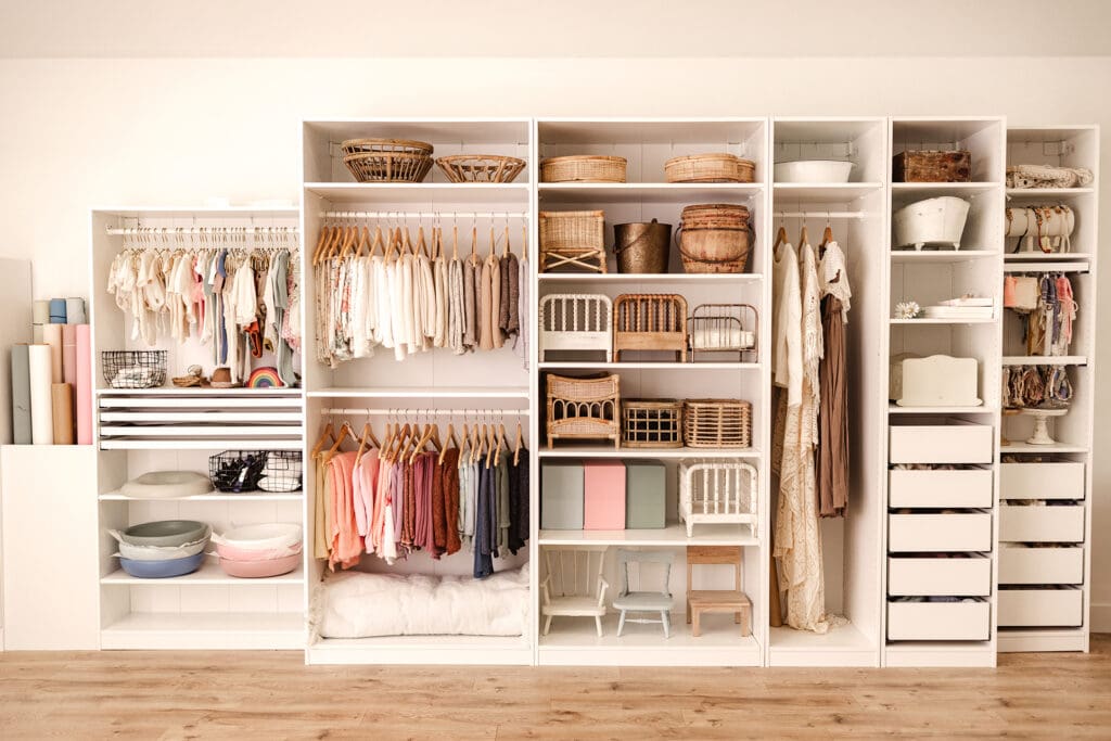image showcasing newborn photographer's props and baby client closet